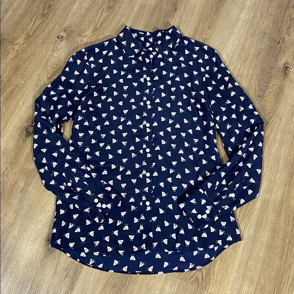 J. Crew "French Hen" navy blue 100% silk button-down blouse size XS Chickens